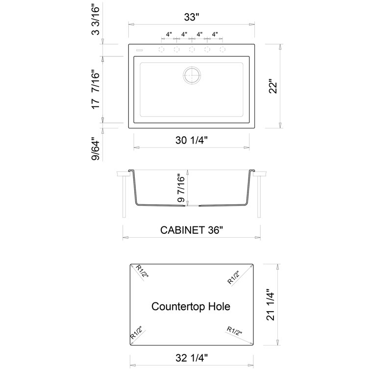 33'' Titanium Gray Granite Single Bowl Drop-In Kitchen Sink