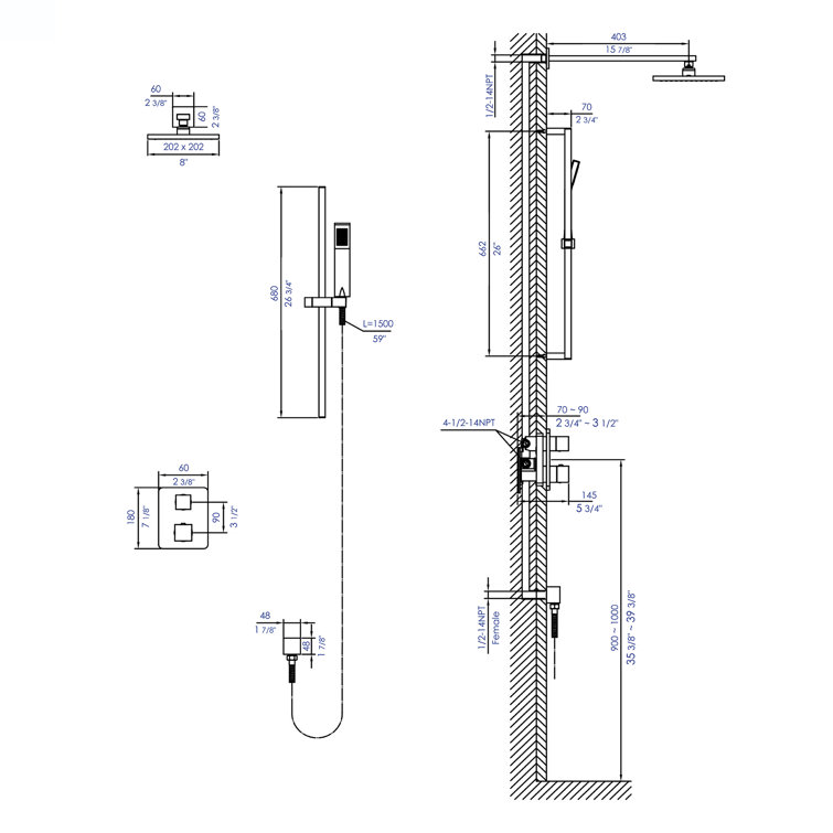 Polished Chrome Adjustable Height Multi-Head Shower System