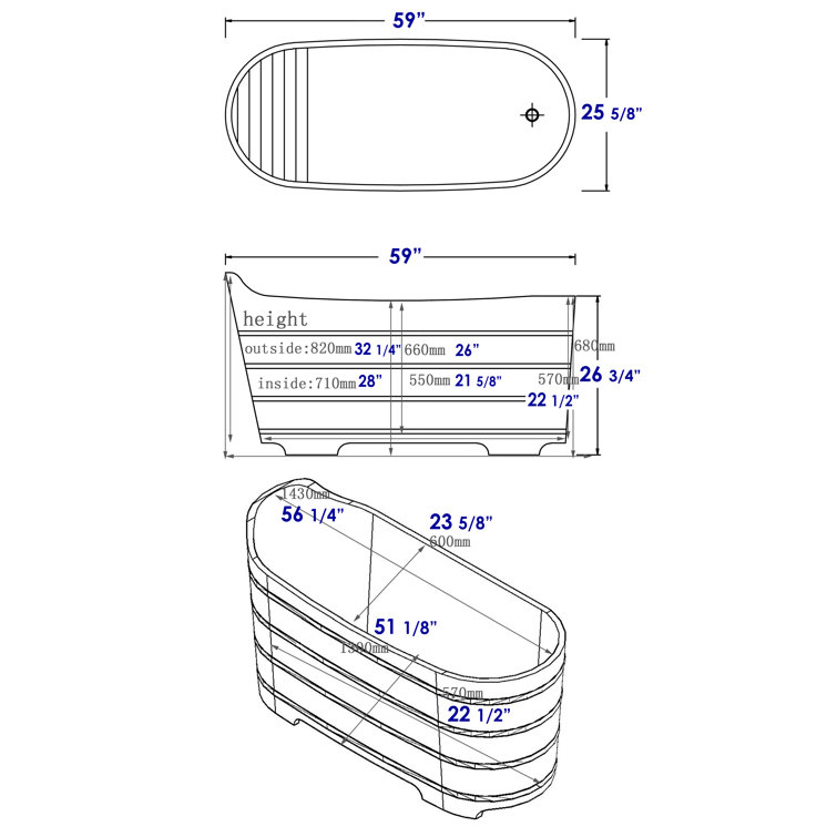 ALFI Brand 59'' Cedar Wood Freestanding Soaking Tub with Bench