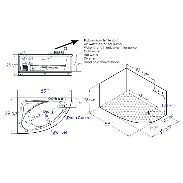 59'' White Corner Acrylic Whirlpool Bathtub with Faucet