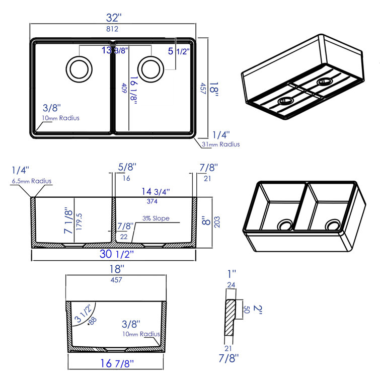 32'' White Double Bowl Fireclay Farmhouse Kitchen Sink
