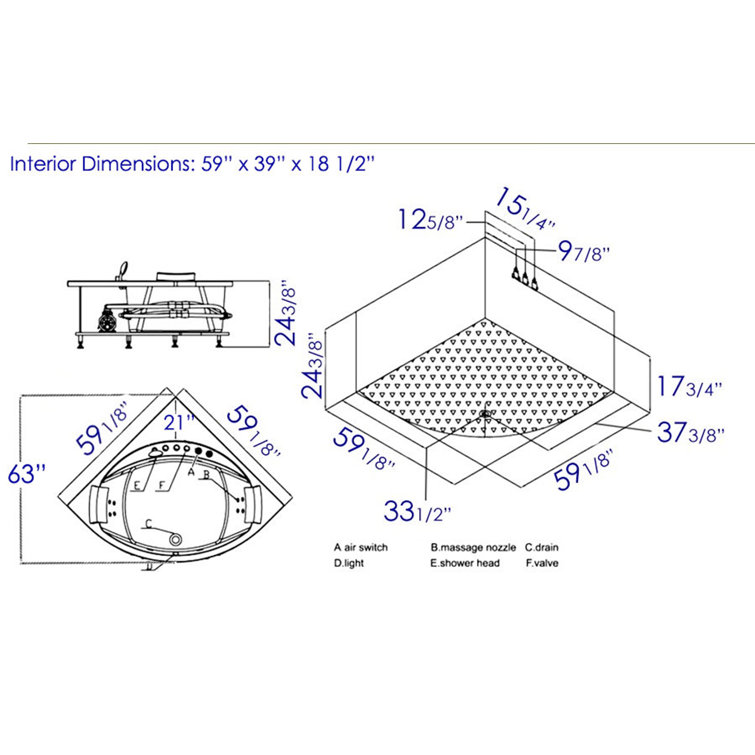 59.13'' White Acrylic Corner Whirlpool Bathtub