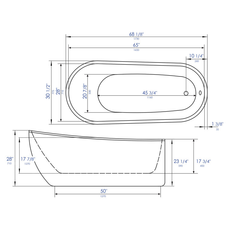 68'' White Freestanding Acrylic Soaking Bathtub