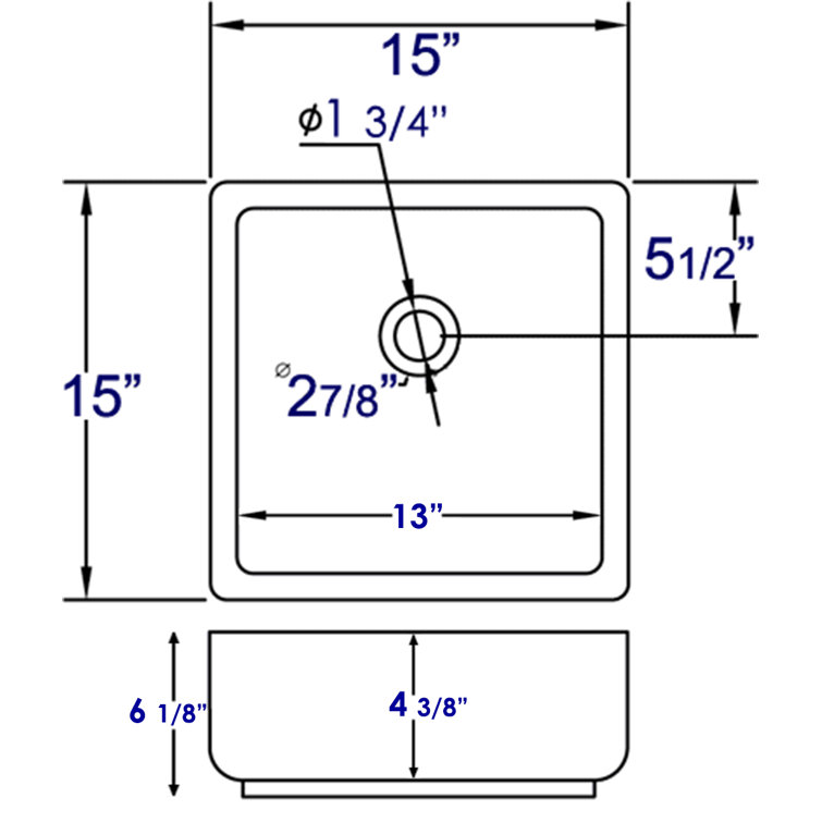 EAGO 15'' White Ceramic Square Bathroom Sink with Overflow