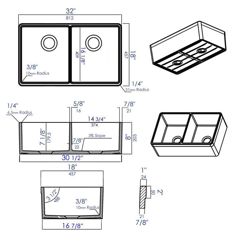 32'' White Fireclay Double Bowl Undermount Kitchen Sink