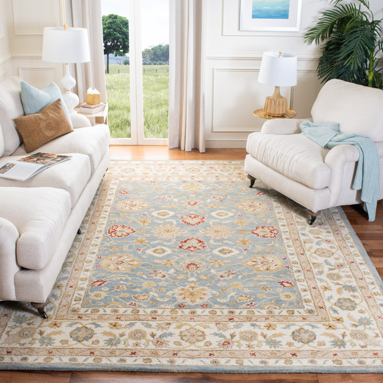 Hand-Tufted Premium Wool Square Rug in Grey Blue and Beige