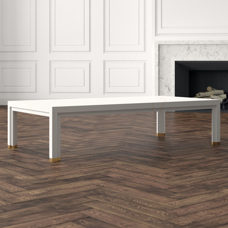 White Solid Beech Wood Coffee Table with Gold Accents