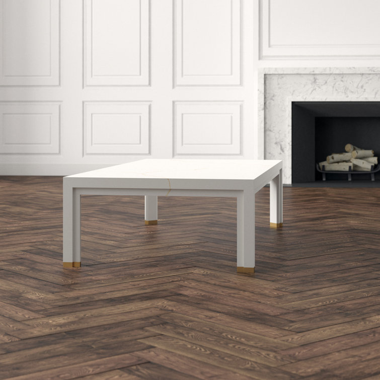 White Solid Beech Wood Coffee Table with Gold Accents
