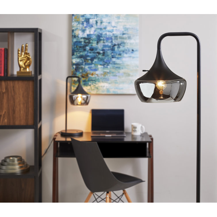Black Metal 63.5'' Arched Floor Lamp with Smoked Mercury Glass Shade