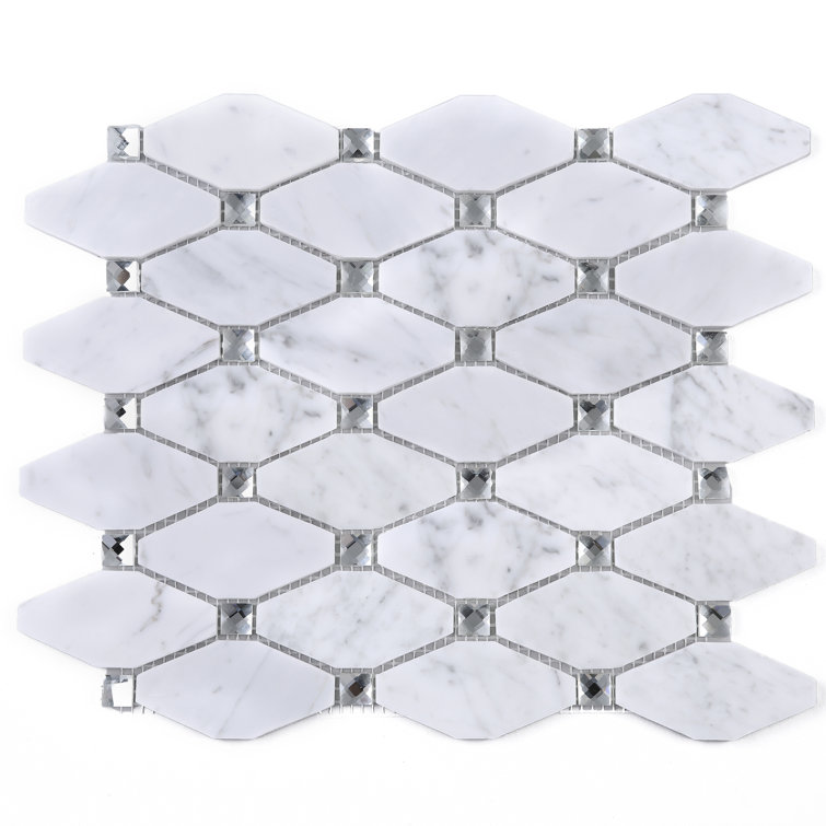 White Carrara Diamond and Dot Marble Mosaic Wall Tile