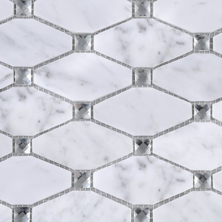 White Carrara Diamond and Dot Marble Mosaic Wall Tile