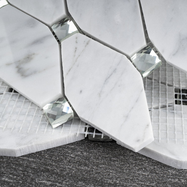 White Carrara Diamond and Dot Marble Mosaic Wall Tile