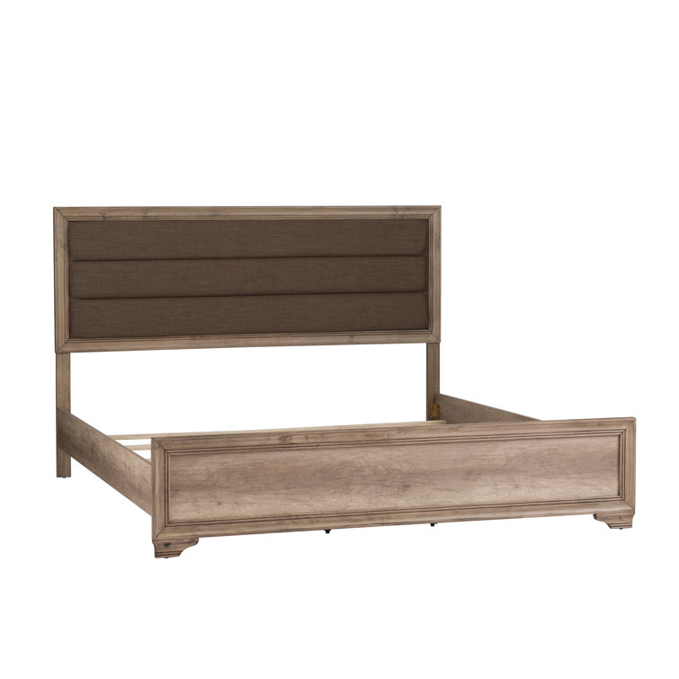 Sandstone Finish King Upholstered Bed with Dresser and Mirror
