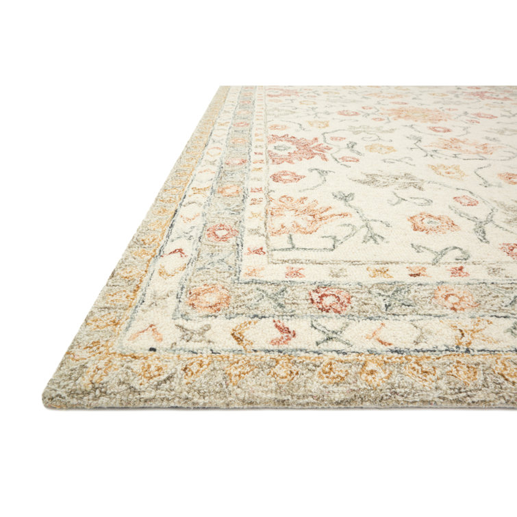 Handmade Ivory Wool Rectangular Floral Area Rug