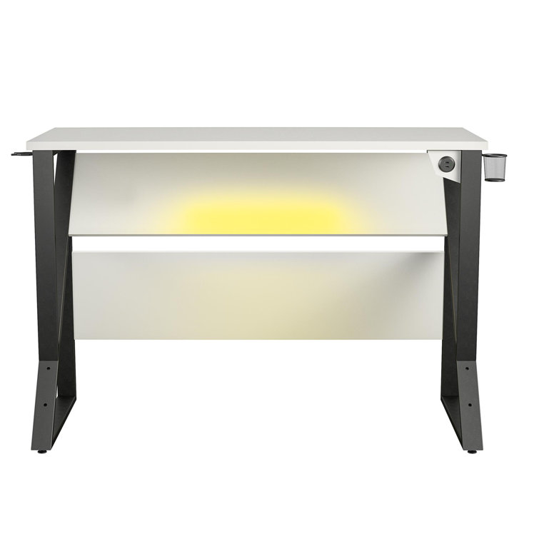 White Adjustable Height Gaming Desk with USB Port and Cup Holder