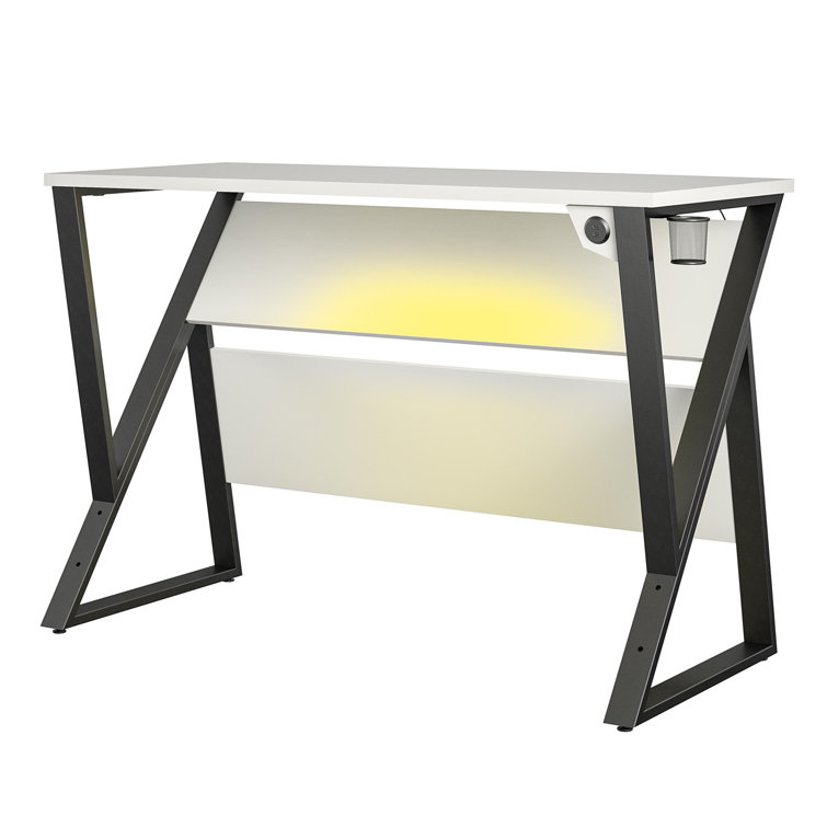 White Adjustable Height Gaming Desk with USB Port and Cup Holder