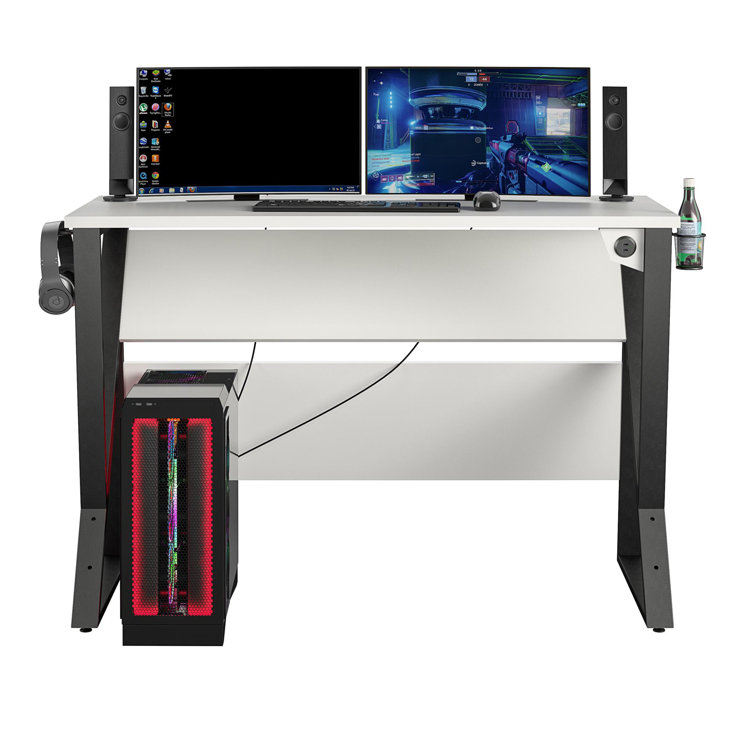 White Adjustable Height Gaming Desk with USB Port and Cup Holder