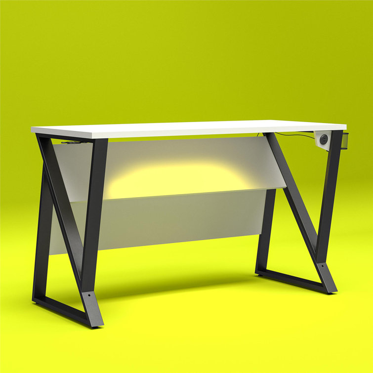 White Adjustable Height Gaming Desk with USB Port and Cup Holder