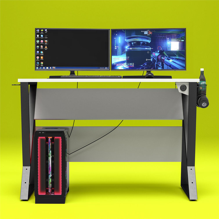 White Adjustable Height Gaming Desk with USB Port and Cup Holder