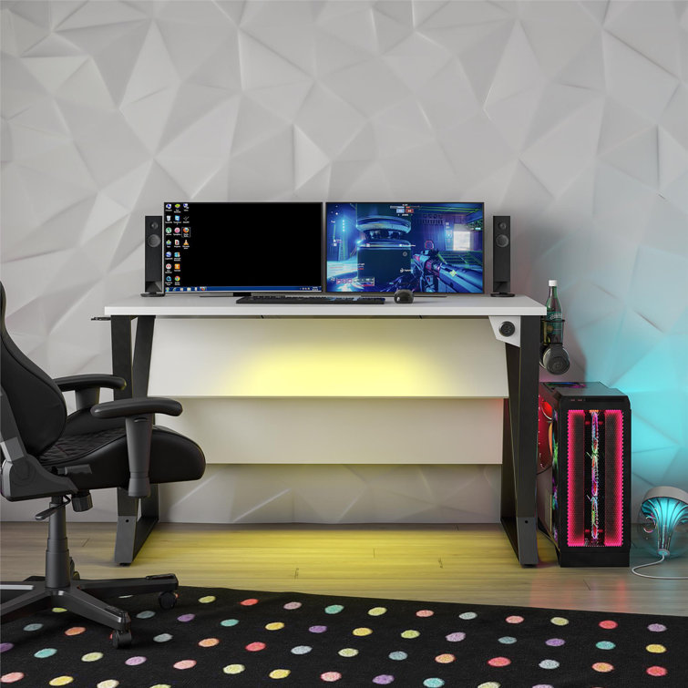White Adjustable Height Gaming Desk with USB Port and Cup Holder