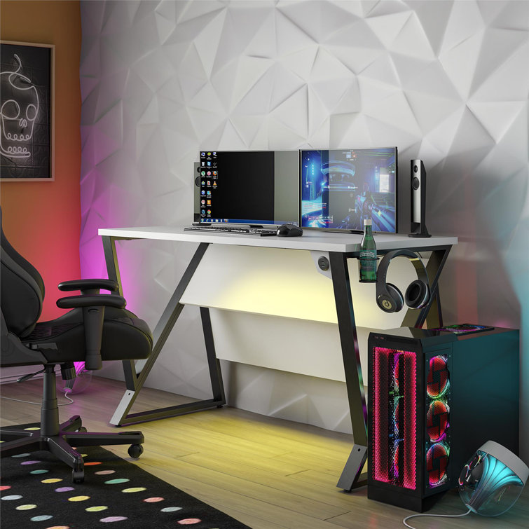 White Adjustable Height Gaming Desk with USB Port and Cup Holder