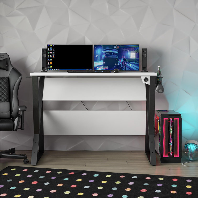 White Adjustable Height Gaming Desk with USB Port and Cup Holder