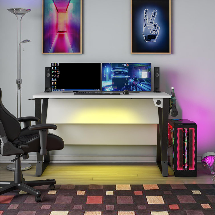 White Adjustable Height Gaming Desk with USB Port and Cup Holder