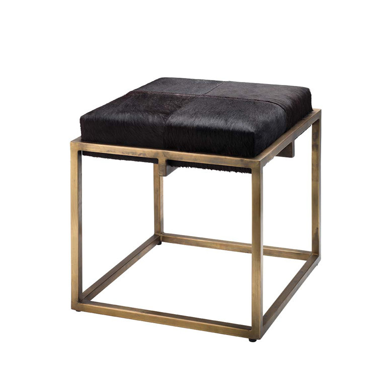 Elegant Black Hide Cushioned Brass Stool for Bedroom & Living Room