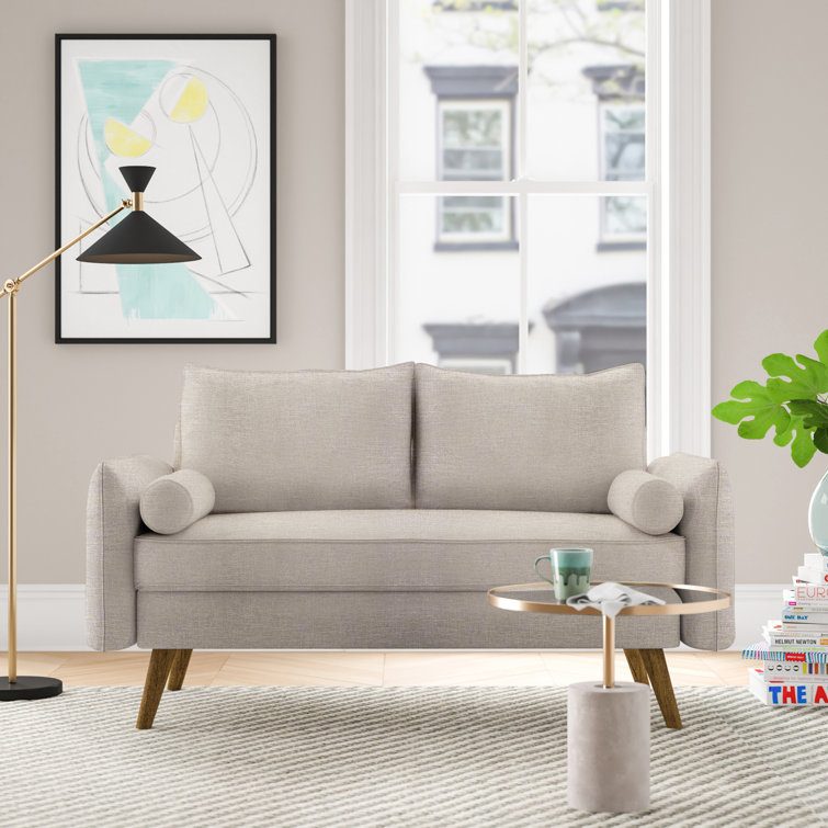 Beige Fabric Loveseat with Walnut Wood Legs
