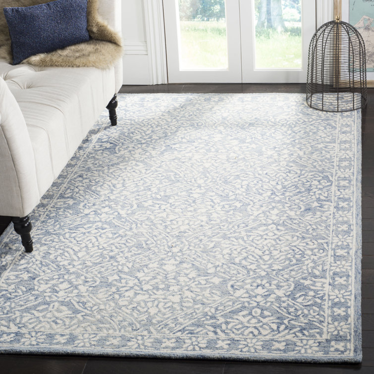 Handmade Blue and Ivory Floral Wool Area Rug, 8' x 11'