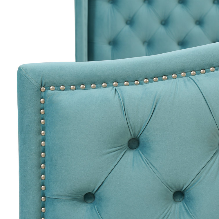Arctic Blue Velvet Upholstered King Bed with Nailhead Trim