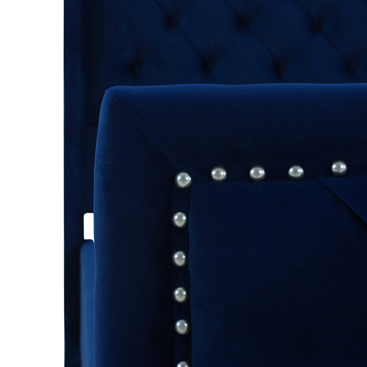Navy Blue Velvet Tufted Queen Bed with Nailhead Trim
