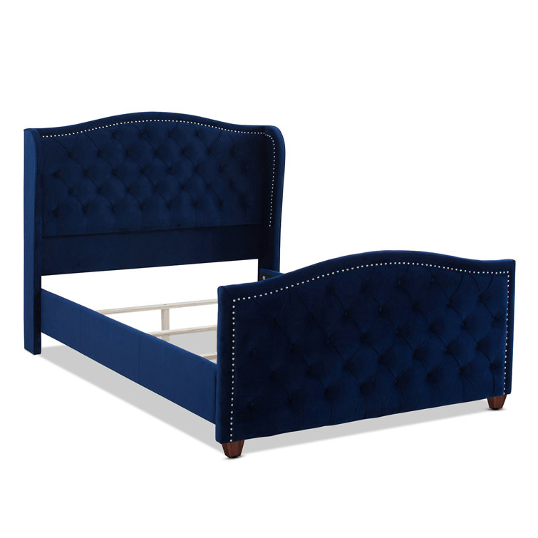 Navy Blue Velvet Tufted Queen Bed with Nailhead Trim
