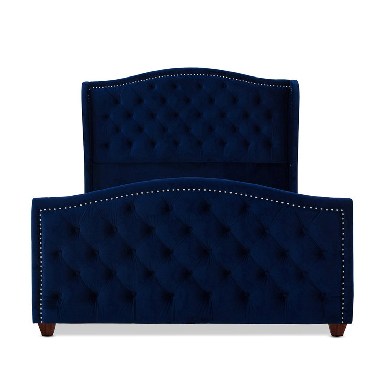 Navy Blue Velvet Tufted Queen Bed with Nailhead Trim