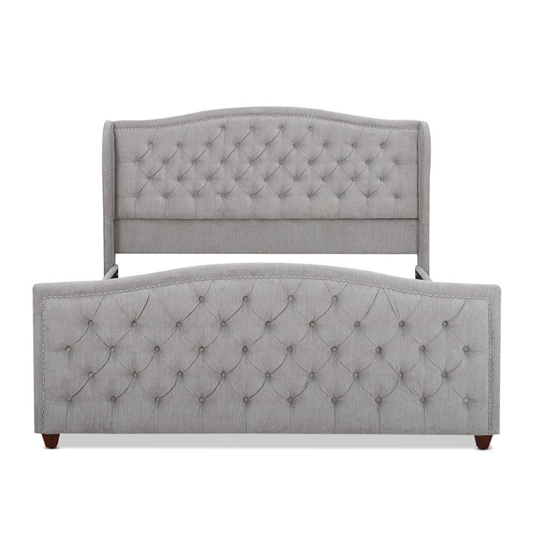 Navy Blue Velvet Tufted Queen Bed with Nailhead Trim