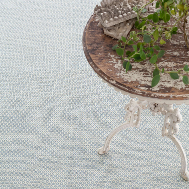 French Blue and Ivory Geometric Wool and Cotton Rug, 10 x 14