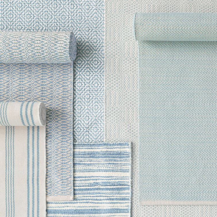 French Blue and Ivory Geometric Wool and Cotton Rug, 10 x 14