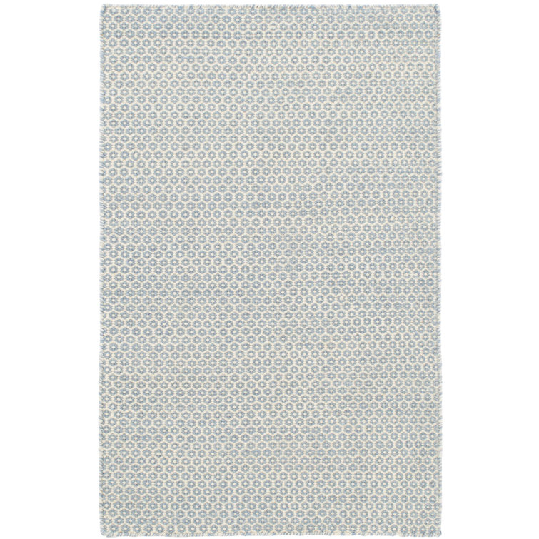 French Blue and Ivory Geometric Wool and Cotton Rug, 10 x 14