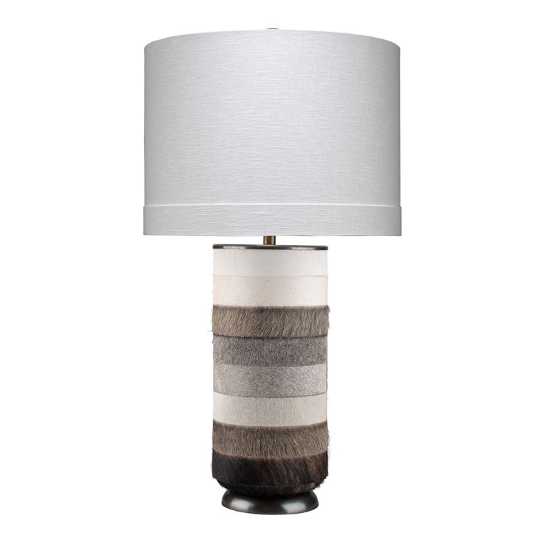 White and Gray Cowhide Leather Table Lamp with Linen Shade