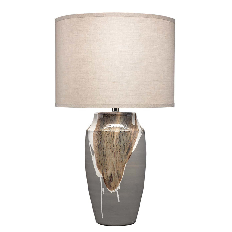 Matte Grey Ceramic Table Lamp with Beige/White Drip and Linen Shade