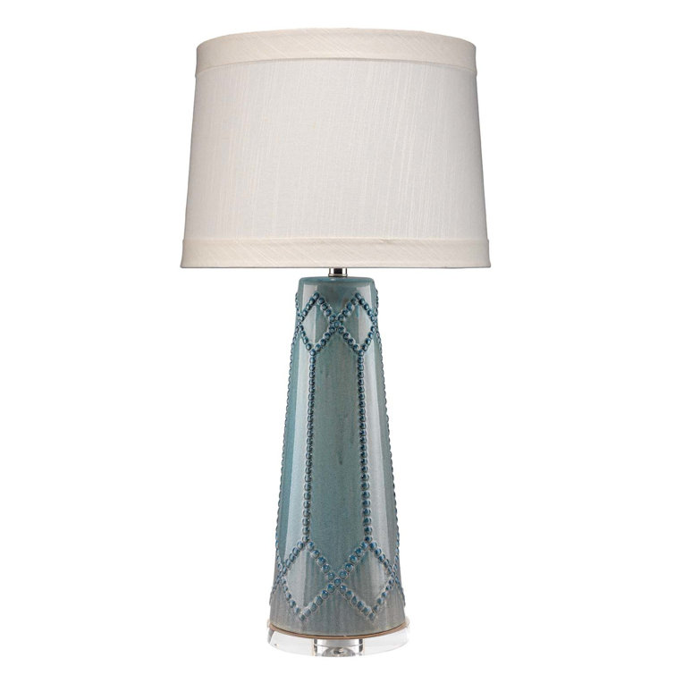 Teal Ceramic Table Lamp with Off-White Linen Shade