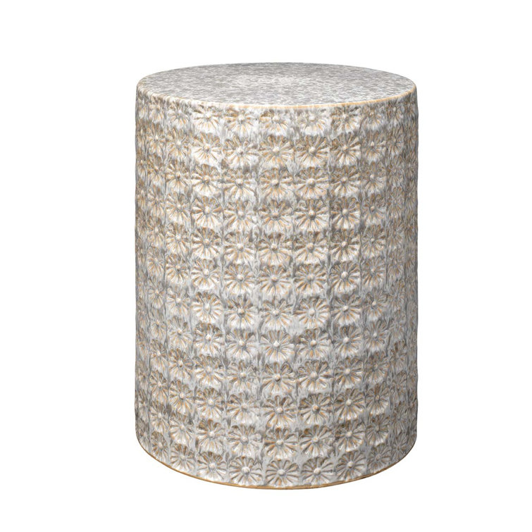 Cream Floral Embossed Ceramic Drum Side Table