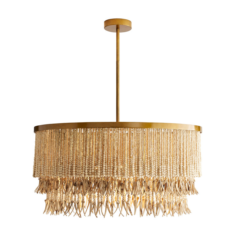 Baja Beaded Wood & Coconut 30" Antique Brass Chandelier