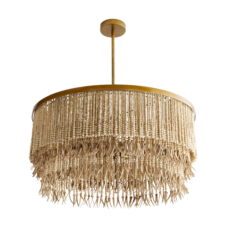 Baja Beaded Wood & Coconut 30" Antique Brass Chandelier
