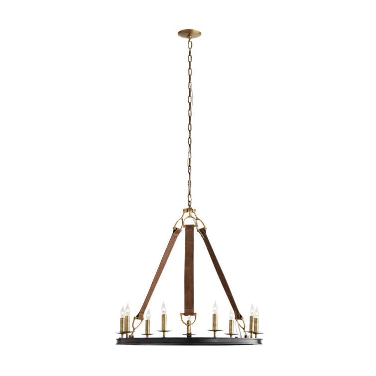 Antique Brass and Leather 9-Light Candle Chandelier