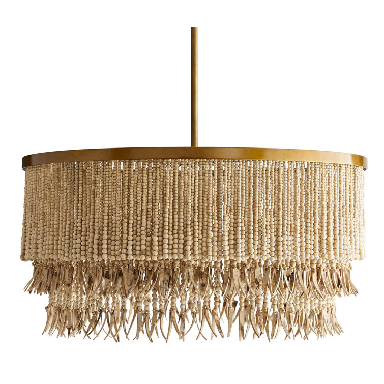 Baja Beaded Wood & Coconut 30" Antique Brass Chandelier