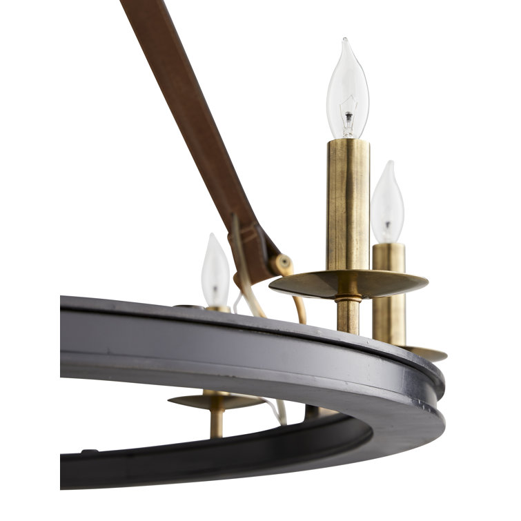 Antique Brass and Leather 9-Light Candle Chandelier