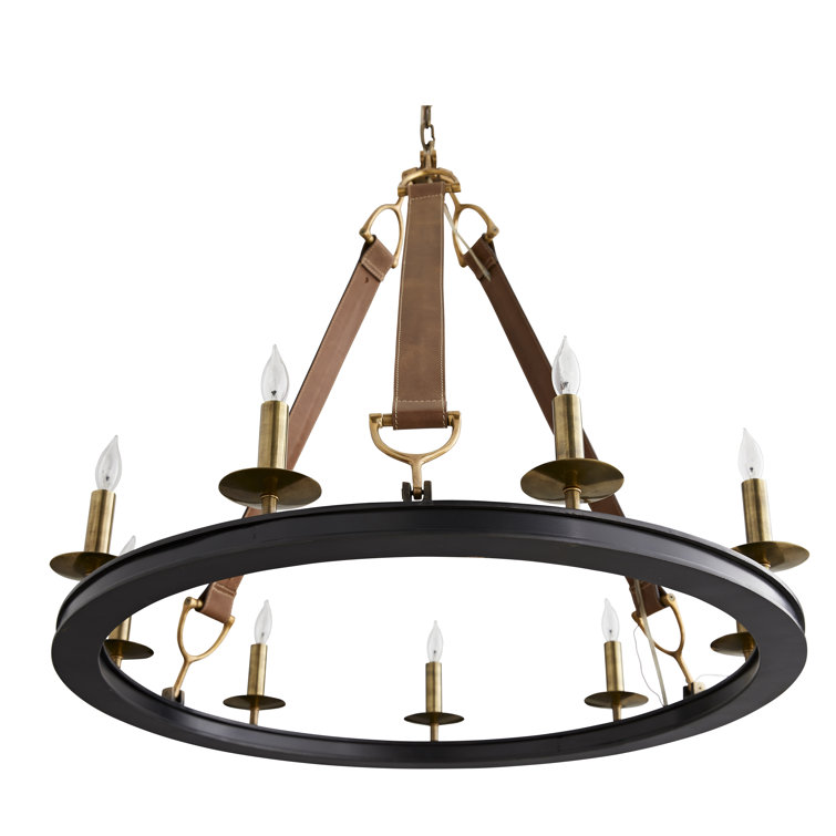 Antique Brass and Leather 9-Light Candle Chandelier