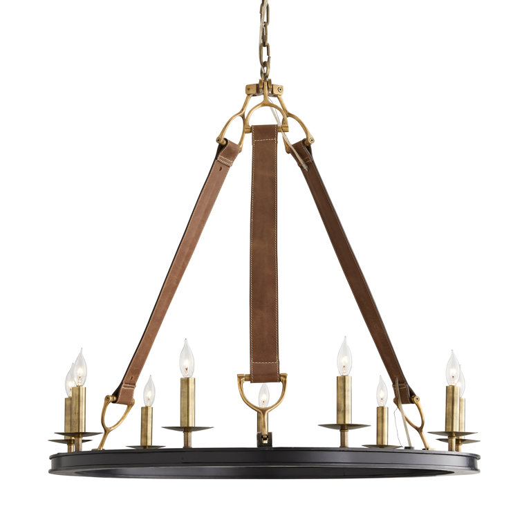 Antique Brass and Leather 9-Light Candle Chandelier