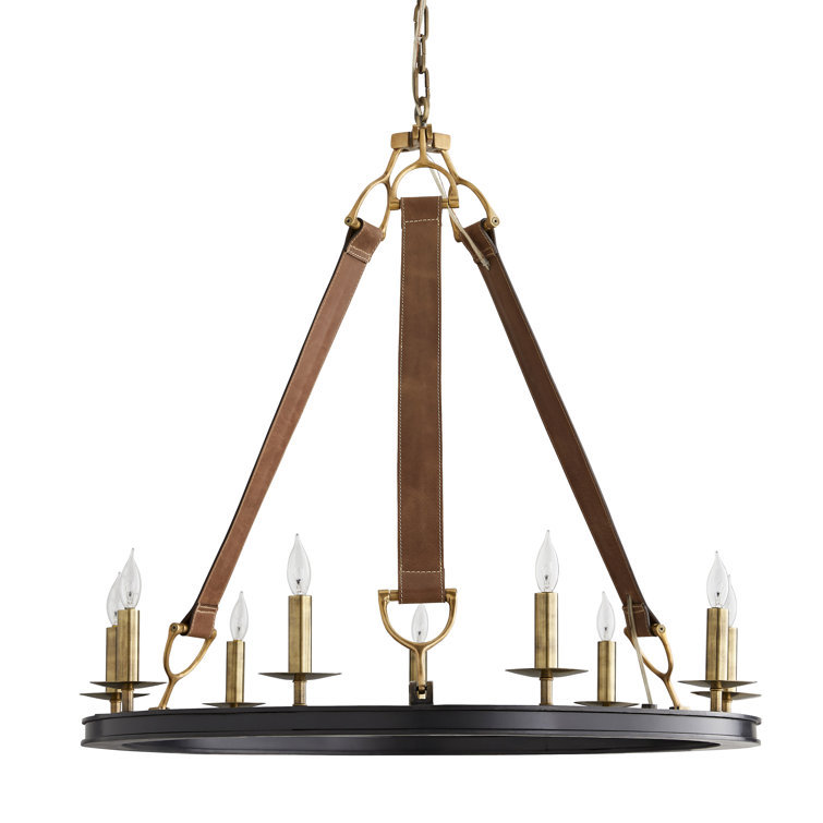 Antique Brass and Leather 9-Light Candle Chandelier